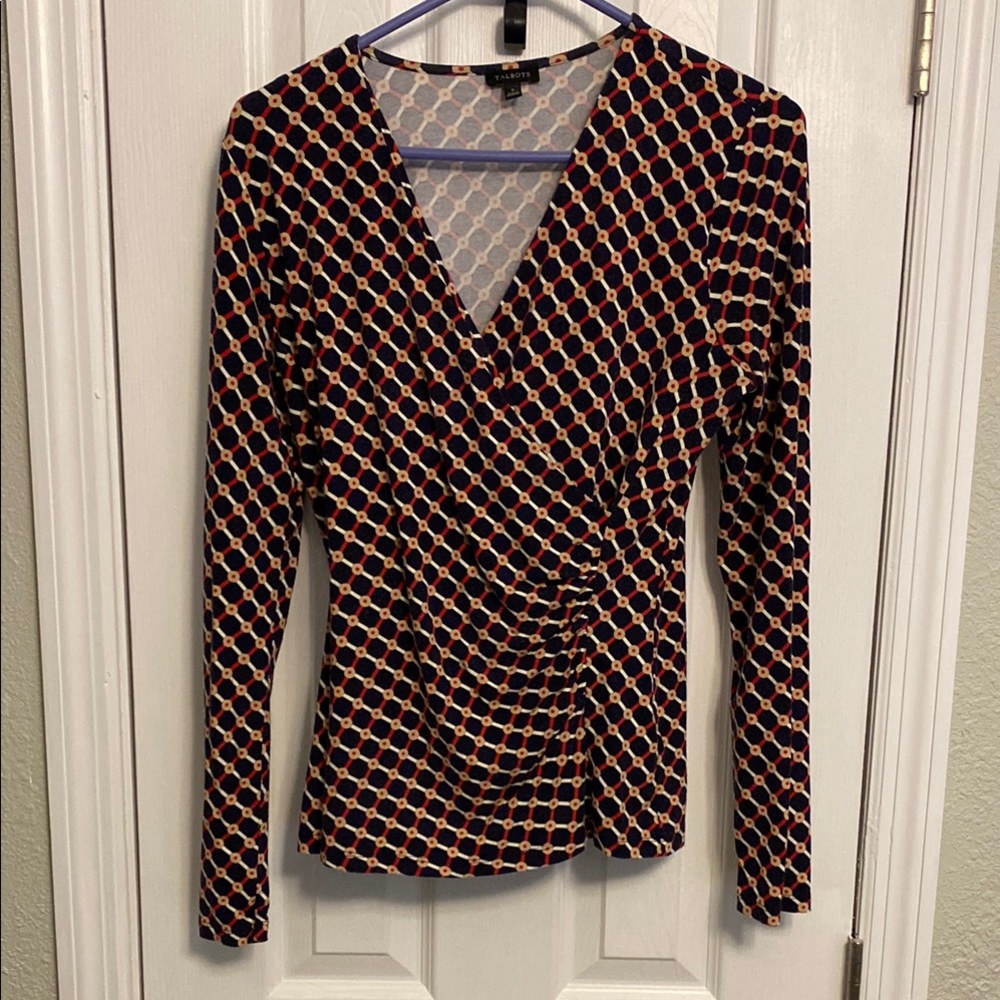 Talbots Red and Cream Long Sleeve Wrap Blouse